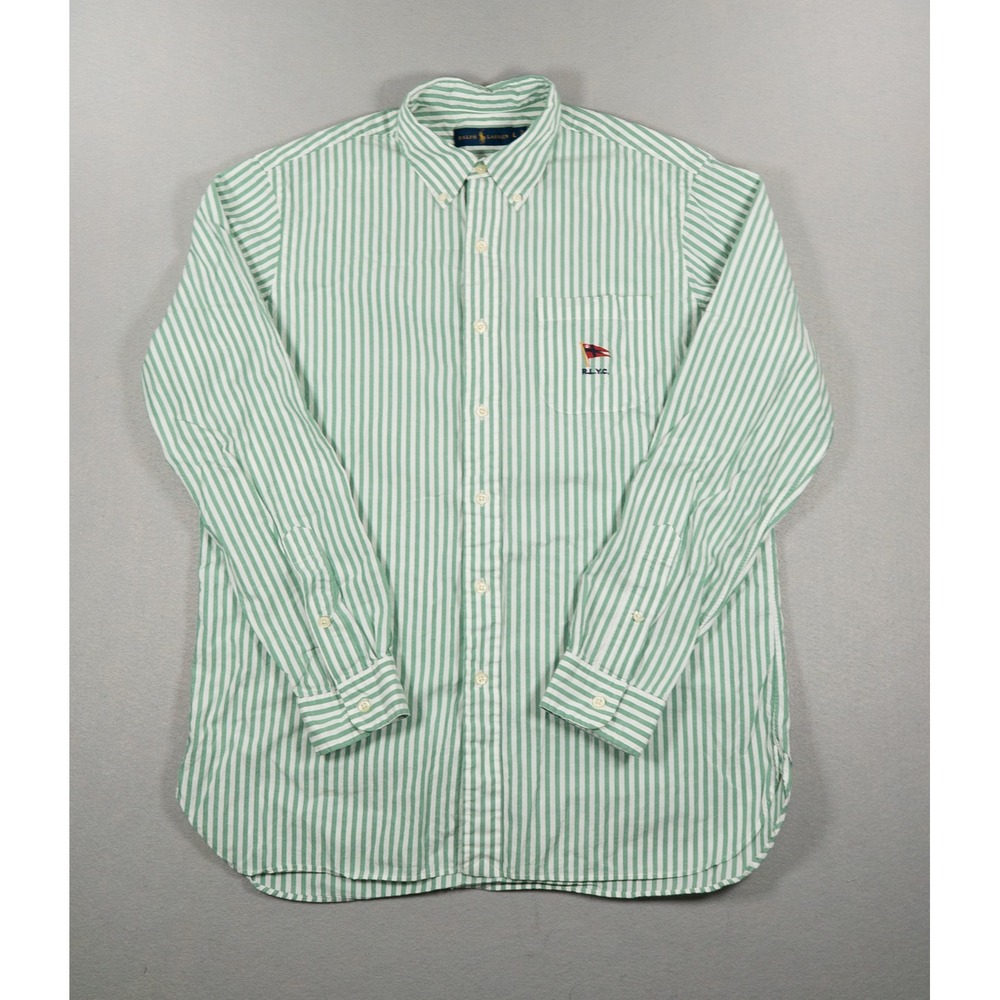 Ralph Lauren Mens L Green White Striped RLYC Yacht Club Flag Button Down Shirt